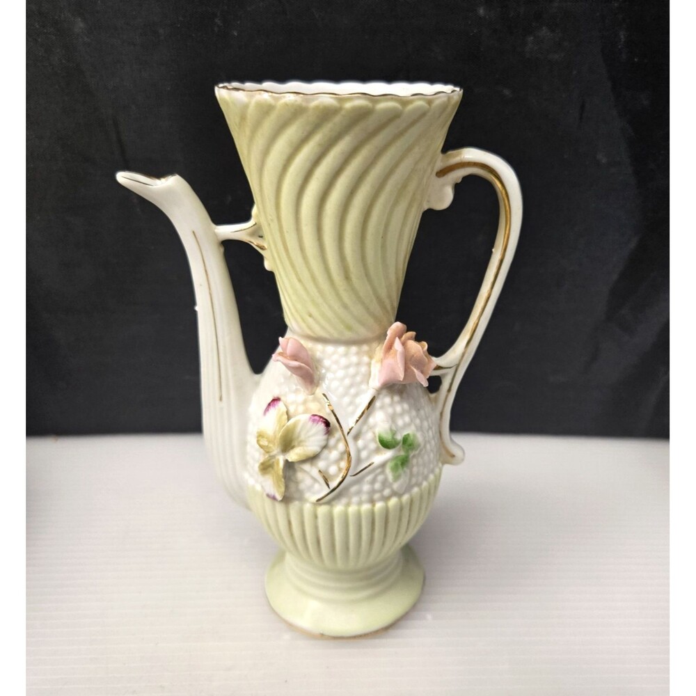 Chase Porcelain Floral Pitcher Bud Vase 3D Pink Roses Made in Japan 6" Vintage